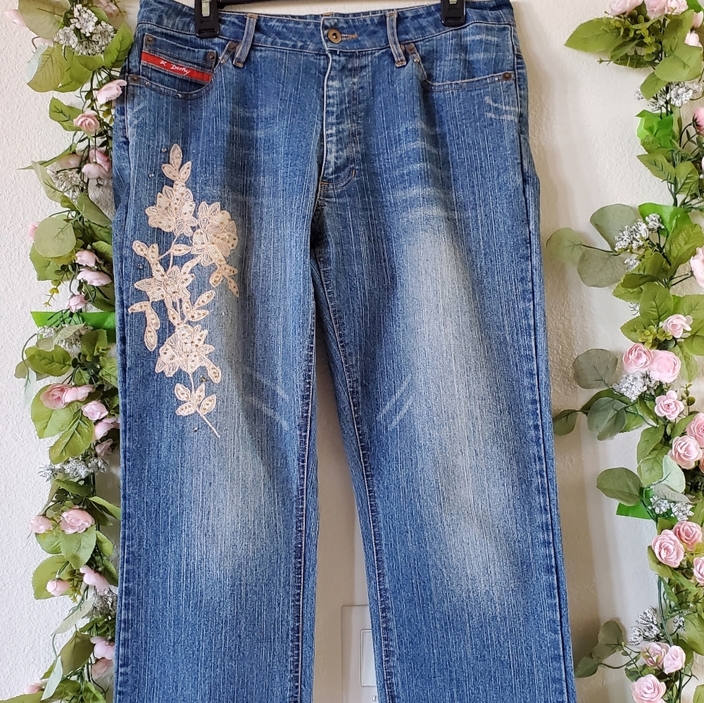 Derhy - Blue Denim Jeans Embellished with Floral Lace and Beads